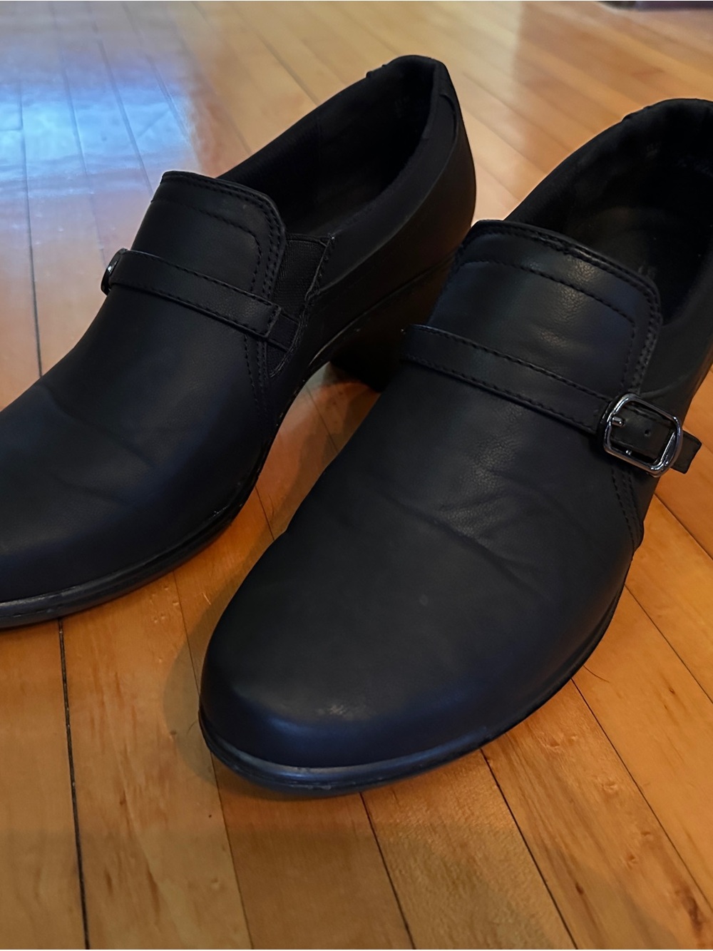 easy street Black Slip-On Mules with Buckle Accent